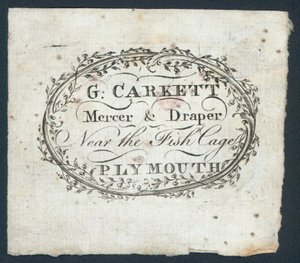 G Carkett, mercer och draper, handelskort av English School