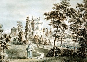 Trädgårdspaviljong i en park, ca 1725 (akvarell på papper) av English School