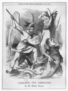Garibaldi the Liberator, eller The Modern Perseus, från "Punch" av English School