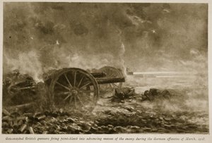 Gasmaskerade brittiska skyttar som sköt rakt in i framryckande fiendens massor under den tyska offensiven i mars 1918, 1918-19 av English School