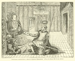 Gascoigne presenterar en bok för drottning Elizabeth av English School