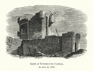 Gate of Tynemouth Castle, som sett 1783 (gravyr) av English School