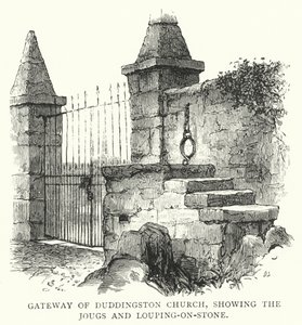 Porten till Duddingston Church, som visar Jougs och Louping-on-Stone (gravyr) av English School