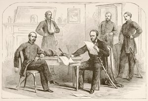 General Joseph Eggleston Johnston överlämnar armén till Tennessee till general William Tecumseh Sherman (lito) av English School
