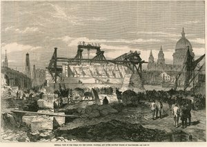 Allmän bild av arbetena för London, Chatham och Dover Railway Bridge i Blackfriars, London av English School