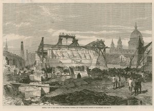 Allmän bild av arbetena för London, Chatham och Dover järnvägsbron vid Blackfriars av English School