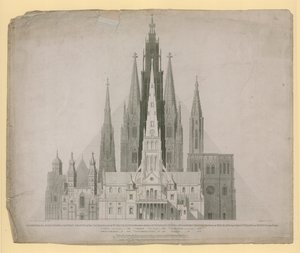 Geometriska höjder av västfronterna av katedralerna i St Pauls, London (före branden) ... och den stora pyramiden i Egypten i en skala av English School
