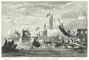 George IV på väg till Skottland i Greenwich (gravyr) av English School