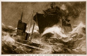 Tysk ubåt rammad av den brittiska jagargrävlingen utanför den belgiska kusten, 1914-19 av English School