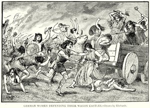 Tyska kvinnor försvarar sina vagnborgar (gravyr) av English School