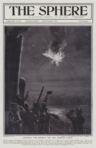 Tyska Zeppelin luftskepp sköts ner i lågor utanför Norfolks kust, första världskriget, 28 november 1916 (litho) av English School