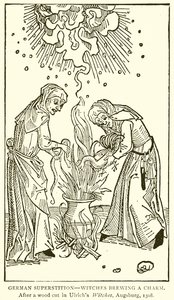 Tysk vidskepelse - Häxor som brygger en charm. Efter ett trähugg i Ulrichs Witches, Augsburg, 1508 av English School