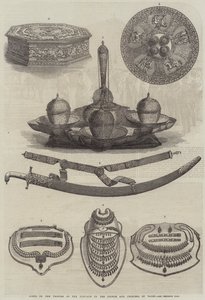 Gåvor från prinsarna av Punjaub till prinsen och prinsessan av Wales (gravyr) av English School
