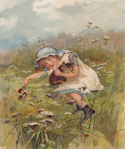 En flicka och en katt sover på ett fält (kromolit) av English School