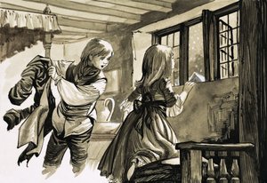 Flicka och pojke tittar ut i snön av English School