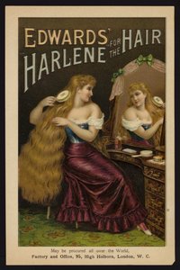 Flicka som borstar hennes långa blonda hår; Edwards Harlene for the Hair (chromolitho) av English School