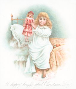 Flicka som går upp ur sängen på julmorgon med present, julkort av English School