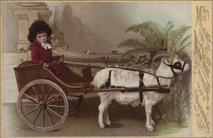 Flicka i en getvagn, hälsningskort för nyår (chromolitho) av English School