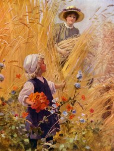 Flicka som plockar vallmo på ett sädesfält när en kvinna samlas i skörden (färg litho) av English School
