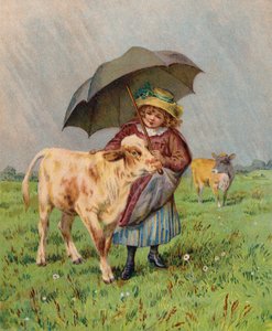 Flicka som skyddar en kalv från regnet (färglitografi) av English School