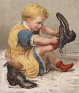 Flicka provar sin mammas stövlar (chromolitho) av English School