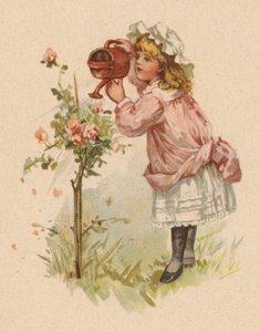 Tjej som vattnar rosor (chromolitho) av English School