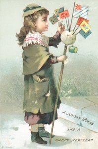 Flicka som viftar med flaggor, julkort av English School