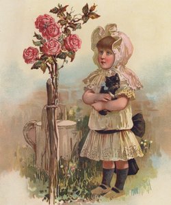 Flicka med katt och rosenträd (chromolitho) av English School