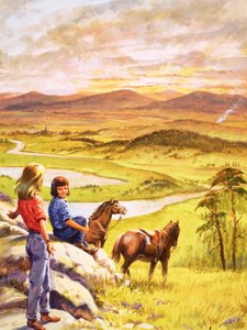 Flickor och ponnyer som blickar ut över landskapet (gouache på papper) av English School