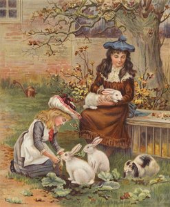 Flickor som tar hand om sina kaniner (chromolitho) av English School