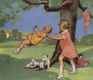 Flickor som leker på gungan på den engelska landsbygden (färg litho) av English School