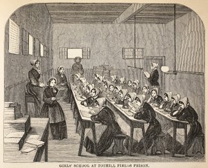 Flickskola på Tothill Fields Prison, illustration från The Criminal Prisons of London och scener från Prison Life av Henry Mayhew och John Binny, pub. 1862 av English School