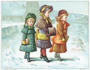 Flickor som går i snön, julkort av English School