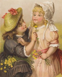 Flickor med smörblommor (chromolitho) av English School
