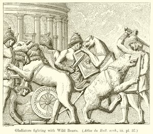 Gladiatorer som slåss med vilda vidunder. (Atlas du Bull. arch., iii. pl. 37)