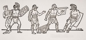 Gladiatorer, från en väggmålning i Pompeji, illustration från The Outline of History av H.G. Wells, Volym I, publicerad 1820 av English School