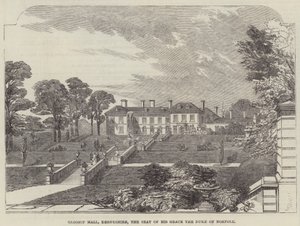 Glossop Hall, Derbyshire, säte för Hans nåd, hertigen av Norfolk (gravyr) av English School