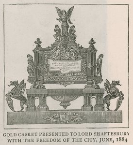 Guldkista överlämnad till Lord Shaftesbury med stadens frihet, juni 1884 av English School