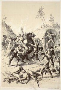Guld eskort attackerad av Bush Rangers, från The History of Australasia av David Blair, McGrady, Thomson och Niven, 1879 av English School