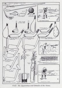 Golf, spelets utrustning och detaljer (litho) av English School