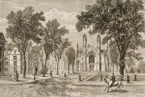 Gore Hall, Harvard University omkring 1870, från "American Pictures" utgiven av Religious Tract Society, 1876. av English School