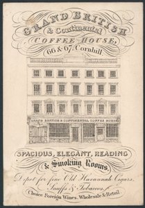 Grand British and Continental Coffee House, 66 och 67 Cornhill, handelskort av English School