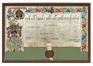 Beviljning av vapen till Charles Hewitt, 1597 av English School