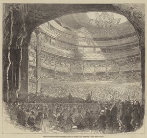 Stor protektionistisk demonstration i Drury-Lane Theatre (gravyr) av English School