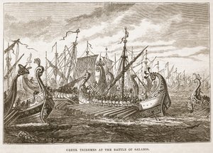 Grekiska Triremes i slaget vid Salamis av English School