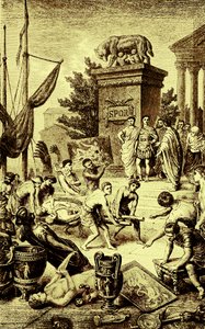 Grekisk kultur - statyer och konstverk fraktade till Rom, illustration från The Illustrated History of the World, publicerad ca 1880 (digitalt förbättrad bild) av English School