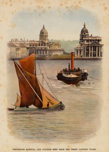 Greenwich Hospital and college sett från färjeläget (färglitografi) av English School