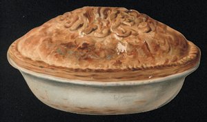 Hälsningskort i form av en paj. (chromolitho) av English School