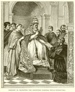 Gregory IX tar emot dekreterna (Camera Della Segnatura) av English School