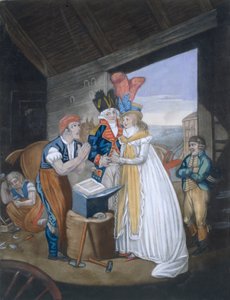 Gretna Green, eller det glödheta äktenskapet, pub. Av Aurrie & Whittle, 1794 88:Oh! Mr Blacksmith, lindra våra smärtor - och bind oss fast i Wedlocks Chains 99:female; traditionell kostym; tra av English School